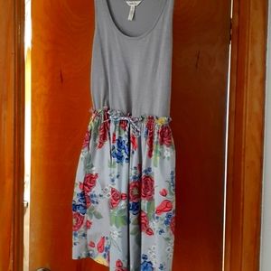 Matilda Jane Dress, beautiful gray with pips of fun bright colors in the flowers